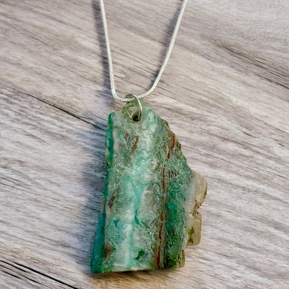 Artisan Jewelry - Dainty Rough Green Druzy Chrysocolla Pendant Necklace